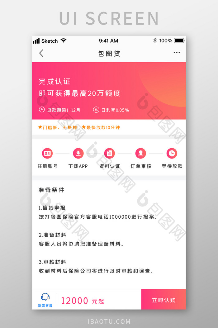 时尚粉色渐变金融信贷申购流程UI移动界面