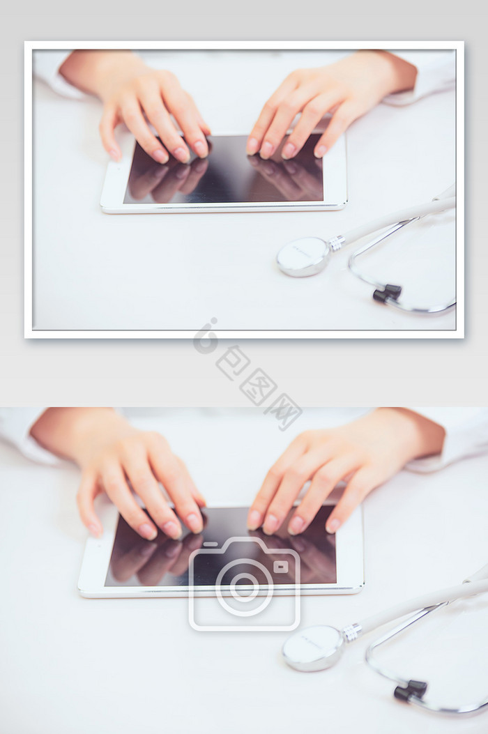 医护人员坐着操作平板电脑图片