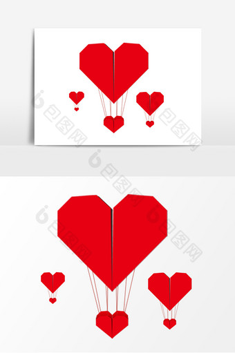 红色剪纸心形热气球元素图片