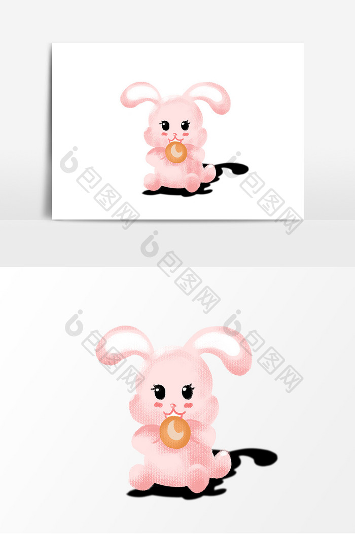手绘中秋节粉色兔子吃月饼元素