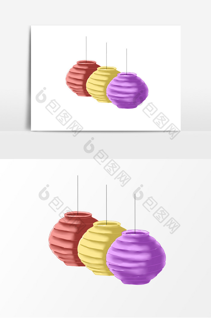 手绘中秋节三色纸灯笼元素