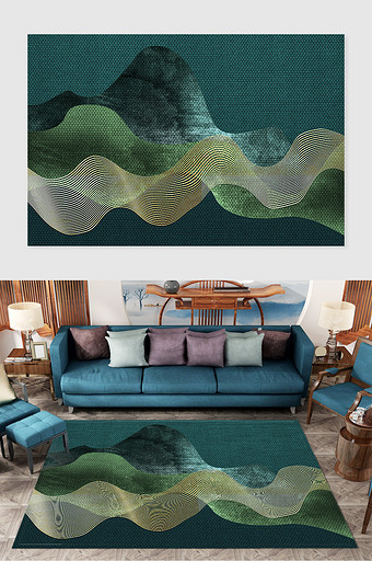 新中式 抽象山峦 蓝色水墨 地毯图案图片
