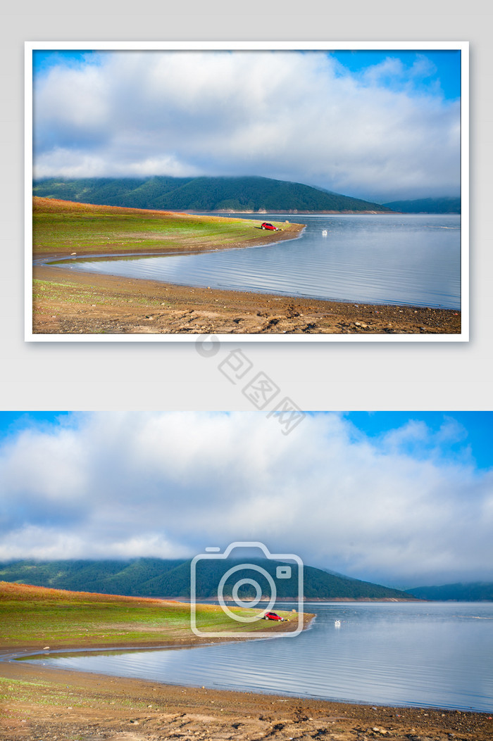 蓝天白云天然湖泊风光摄影图片
