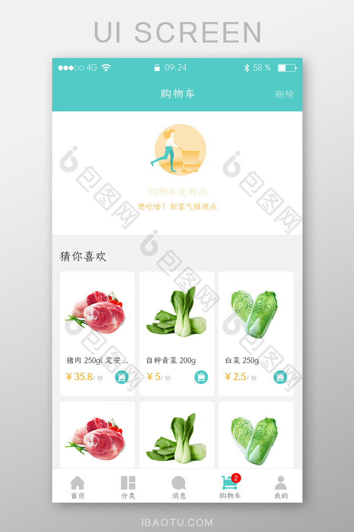 绿色生鲜超市app购物车空页面