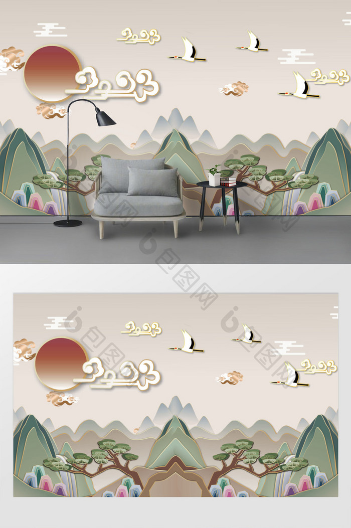 新中式抽象矢量山水背景墙卧室装饰壁画
