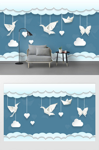 可爱云朵折纸效果儿童房背景墙壁画图片