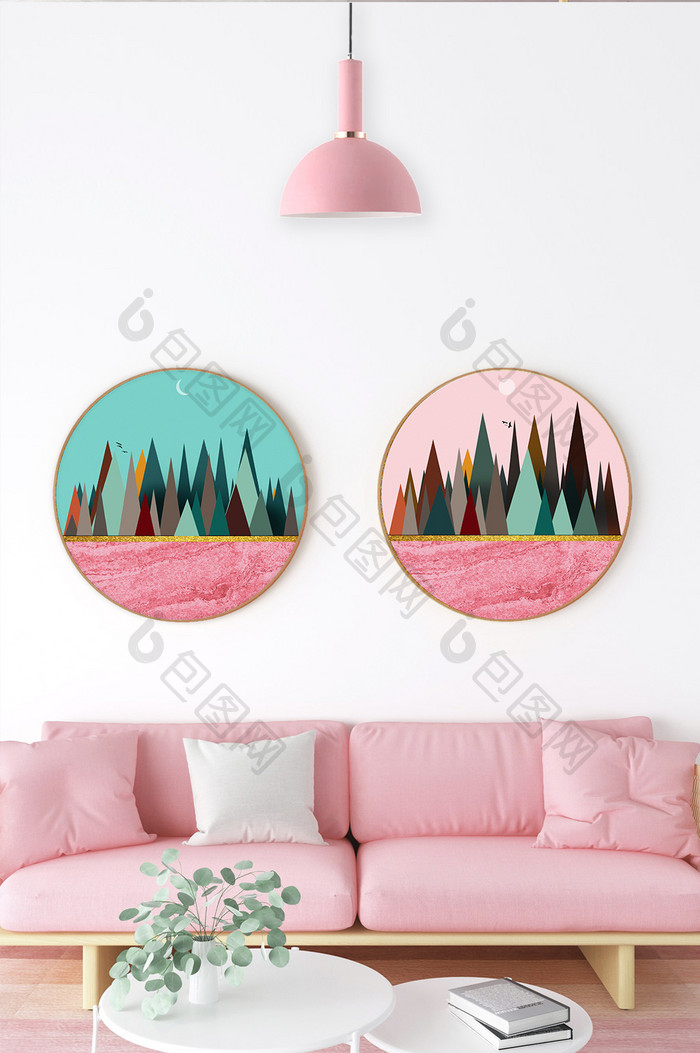 北欧风格清新抽象森林植物莫兰迪粉色装饰画