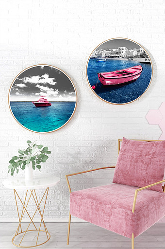 莫兰迪粉色游艇海洋风景装饰画图片