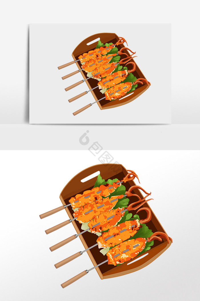 大排档小吃食物烤鱿鱼插画图片