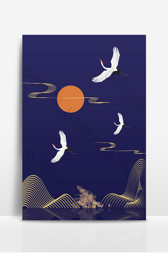 中国风蓝色丹顶鹤优雅背景元素素材设计图片