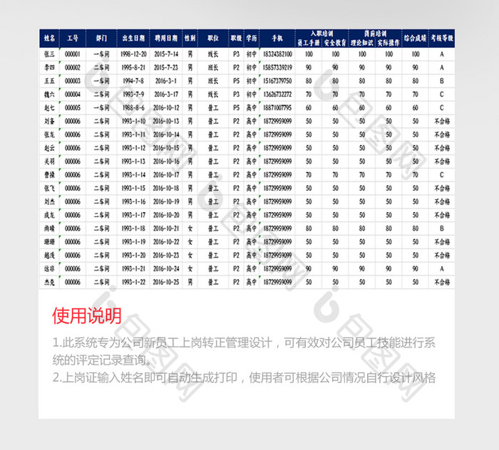 自动化上岗证考核管理系统Excel模板