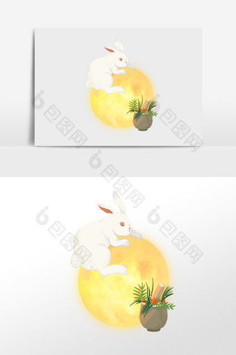 手绘中秋节快乐奔月玉兔兔子插画图片