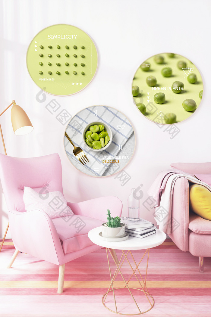北欧莫兰迪色系植物蔬菜豌豆客厅圆形装饰画