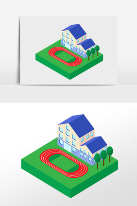 手绘2.5D立体学校建筑插画