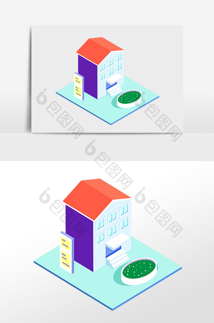 手绘2.5D立体学校校园建筑插画