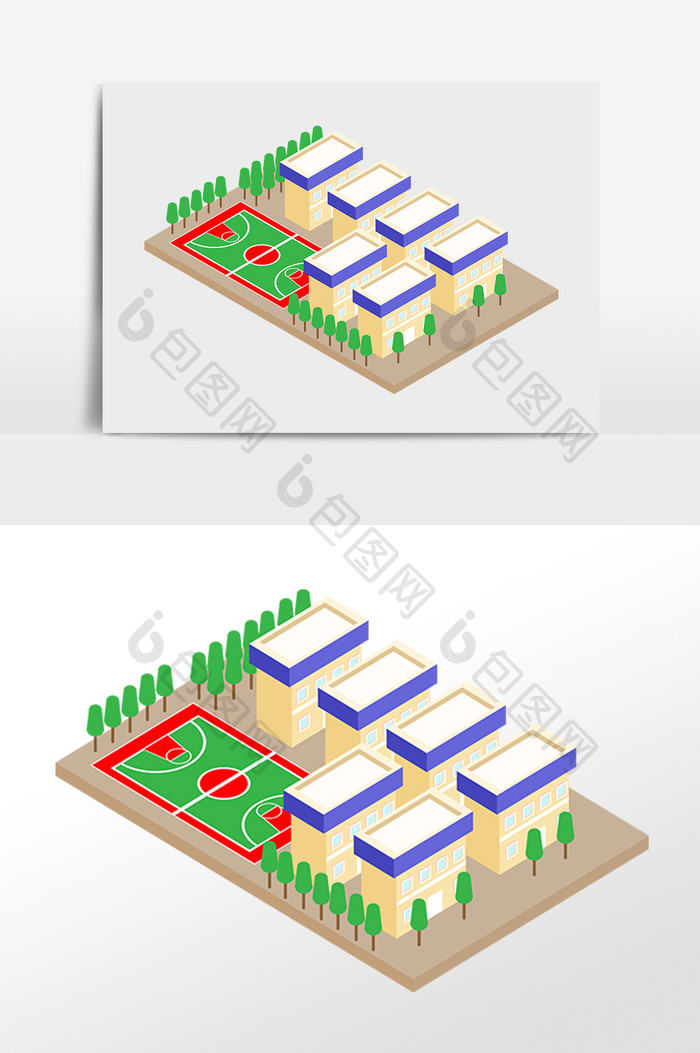 手绘2.5D立体学校教学楼建筑插画