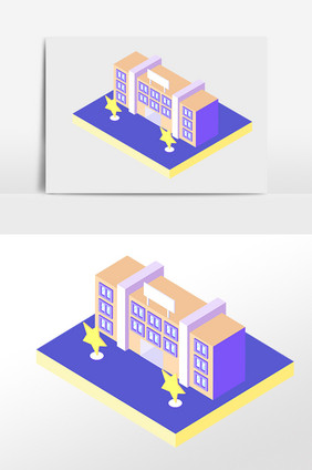 手绘2.5D立体校园学校建筑插画