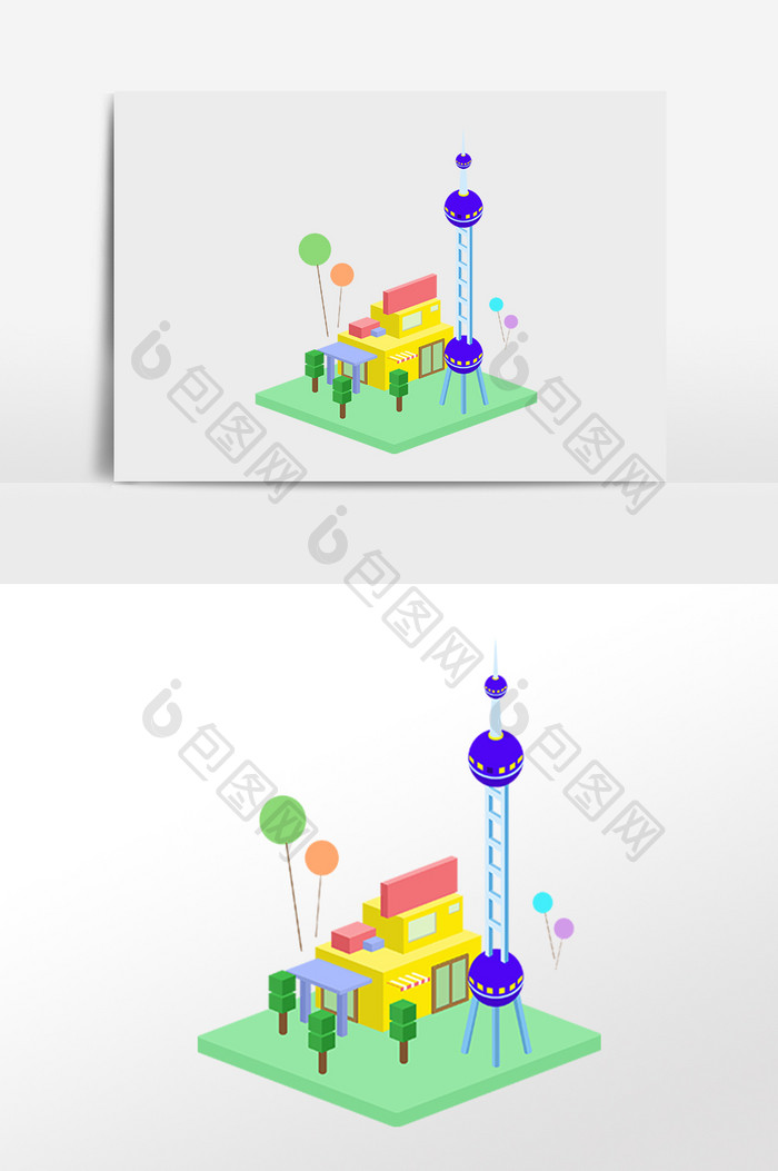 手绘2.5D立体小广场建筑插画