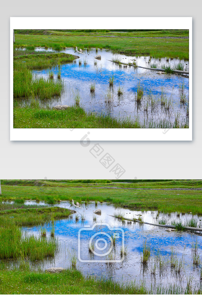 夏季暑假田野蓝天草坪水坑摄影图