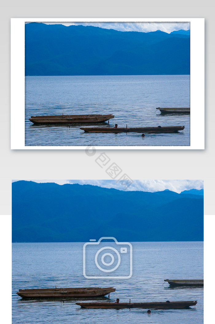 蓝调自然风光夏季湖水渔船摄影图图片
