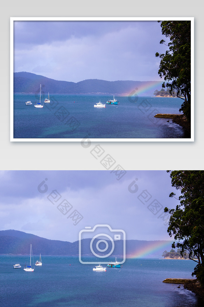 澳大利亚塔斯亚瑟港渔船和彩虹摄影图片图片