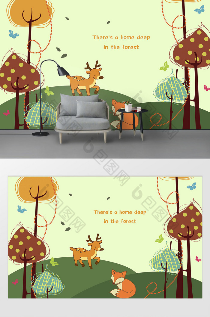 卡通树林小鹿狐狸墙贴儿童贴画墙贴装饰图片图片
