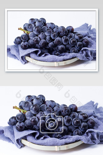 竹篓蓝布紫葡萄水果白色背景图片