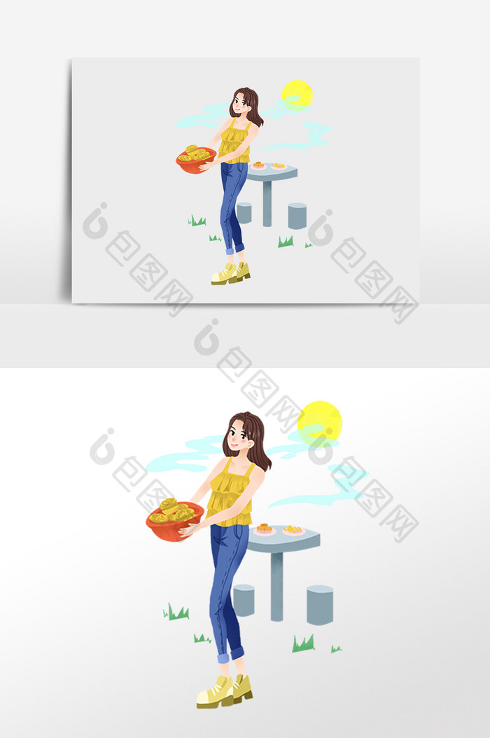 手绘中秋节快乐端月饼女孩插画