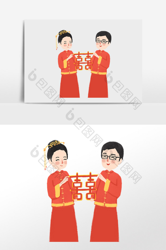 手绘浪漫结婚中式婚礼新人插画