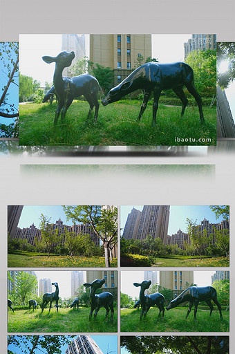 城市梅花鹿雕塑花园社区绿地草地鲜花满地图片