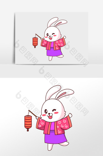 手绘中秋节打灯笼玉兔插画图片