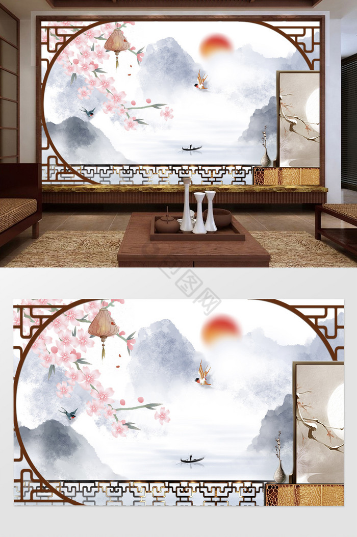 中式意境楼阁山水屏风花枝背景墙图片