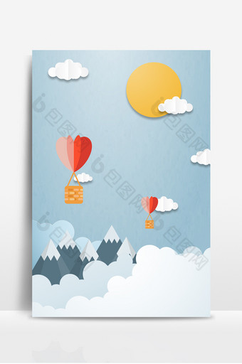 热气球云彩山丘七夕浪漫活动剪纸风背景图片