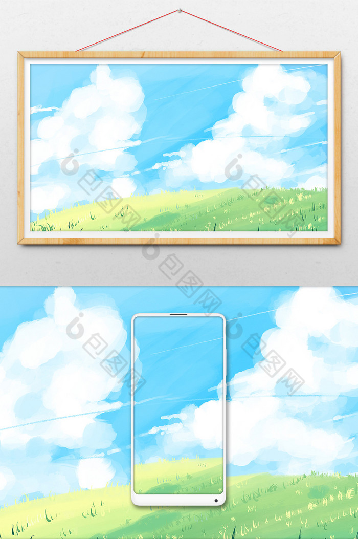 夏日户外草地蓝天白云图片图片