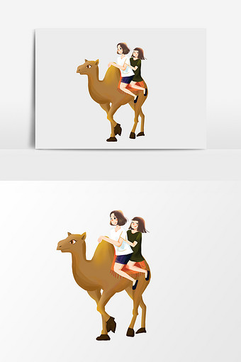 2个女孩骑着骆驼的旅游卡通手绘图片