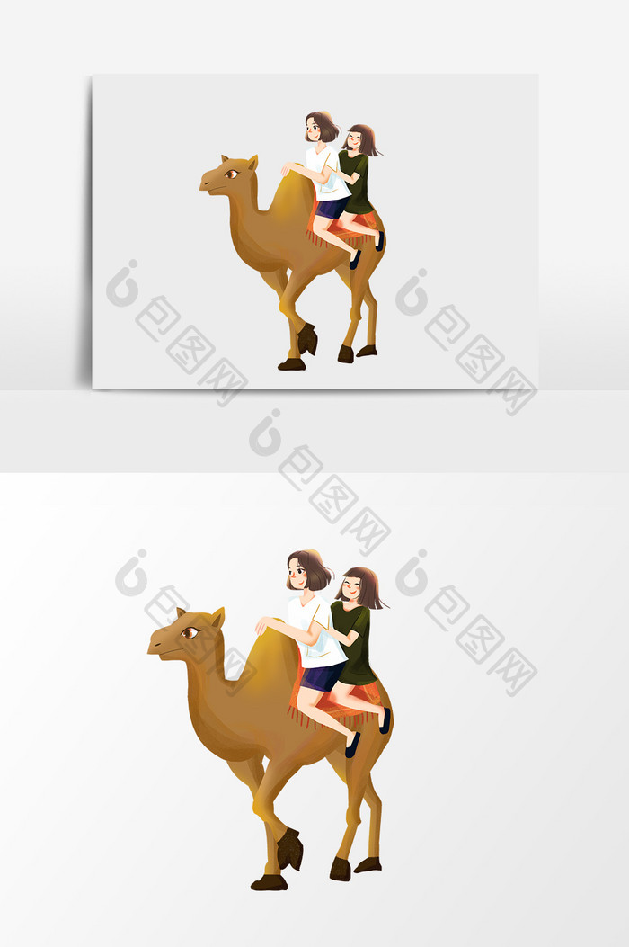 2个女孩骑着骆驼的旅游卡通手绘