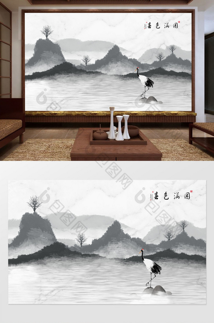中国风中式意境水墨山水电视沙发背景墙