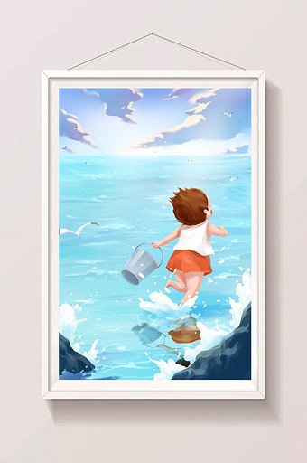 小男孩海边开心赶海插画图片