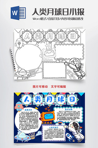 科技科学人类月球日小报手抄报word模版