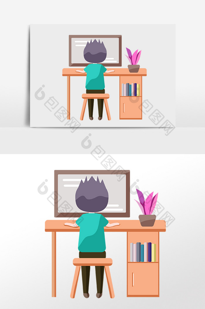手绘电脑办公学习男孩插画