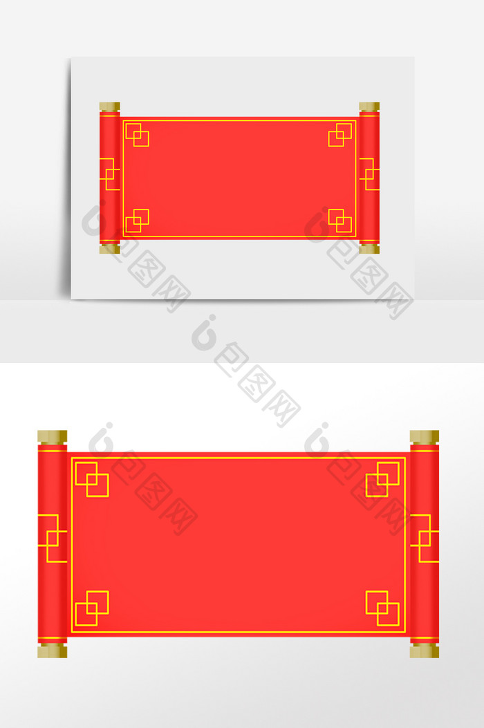 手绘中国风红色装饰卷轴插画