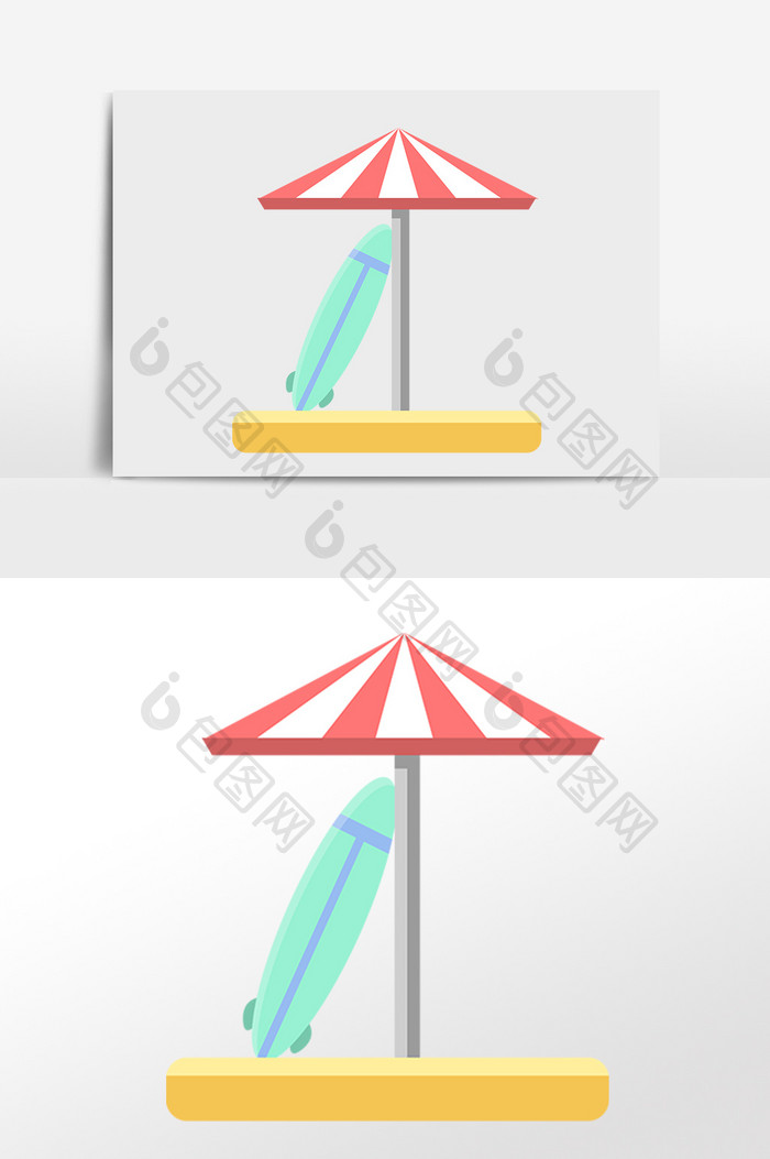 手绘夏季度假旅行遮阳伞冲浪板插画