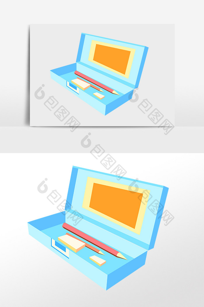 手绘教育学习用品蓝色文具盒插画