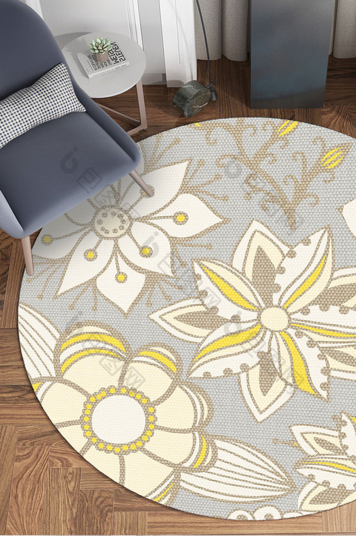 新中式手绘植物花纹圆形地毯图案