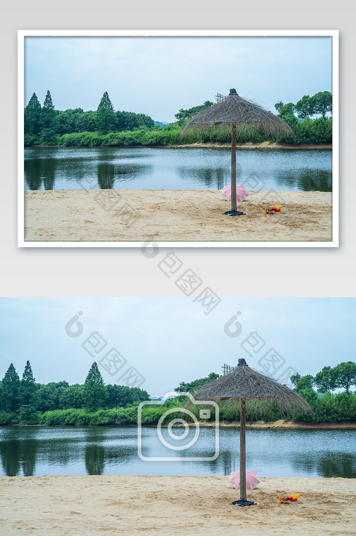 仿晒伞婚纱拍摄基地径山湖泊沙滩摄影图