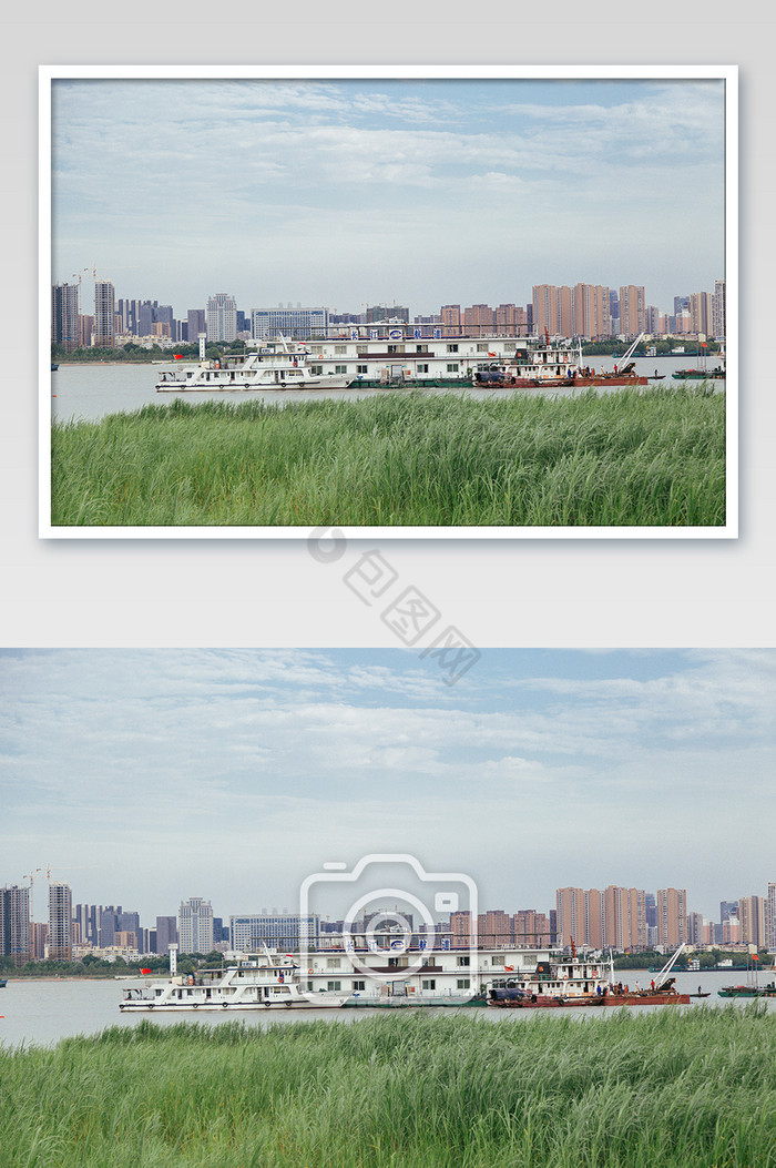 武汉夏季江滩长江邮轮蓝天白云高清摄影图图片