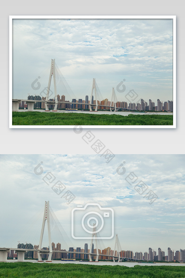 武汉夏季江滩长江大桥蓝天白云高清摄影图