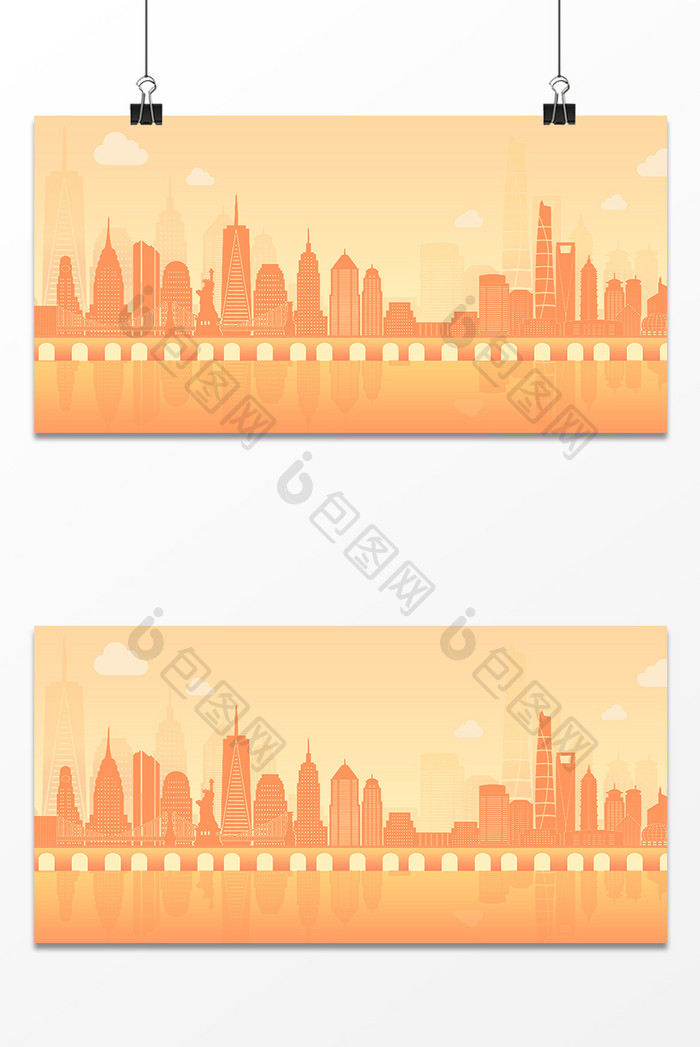 橙色简约城市建筑剪影背景
