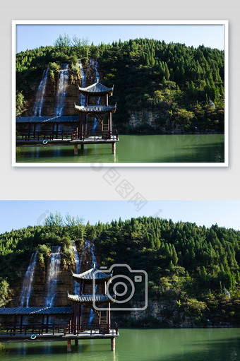 夏季瀑布湖边庭院高清摄影图图片