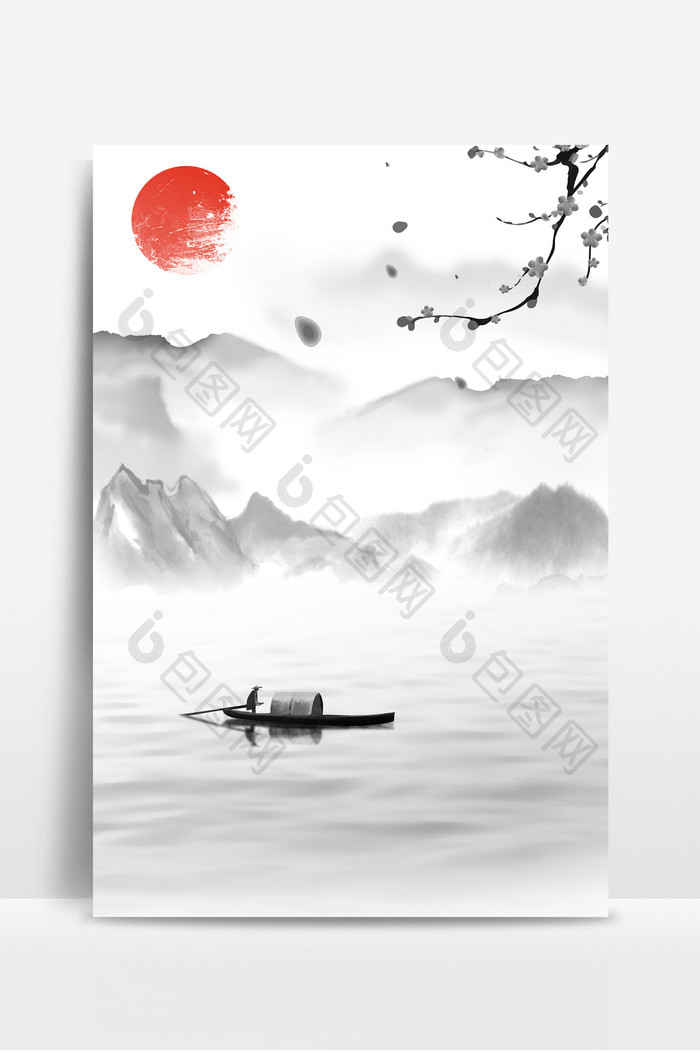复古中国风水墨画山水船只背景